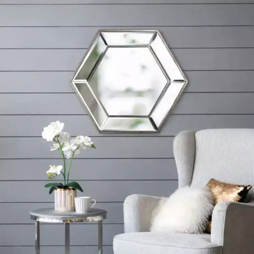 Miroir Mural Hexagonal 20 x 18 avec Design en Verre Contemporain, Miroir Décoratif pour Salon, Entrée, Chambre à Coucher
