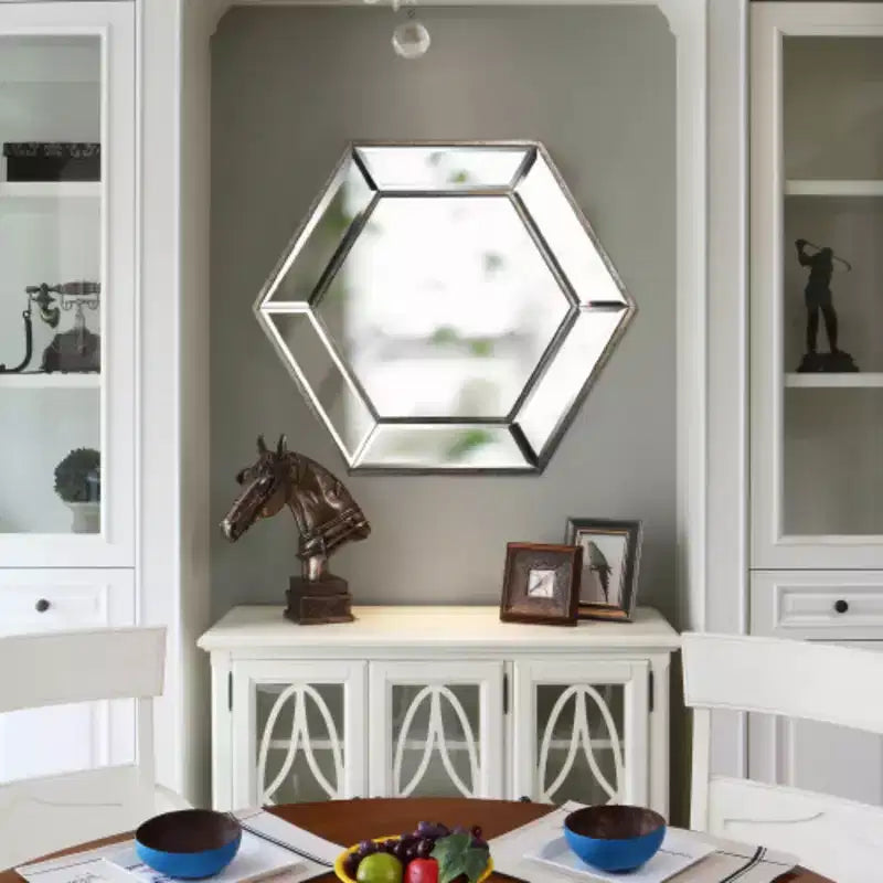 Miroir Mural Hexagonal 20 x 18 avec Design en Verre Contemporain, Miroir Décoratif pour Salon, Entrée, Chambre à Coucher