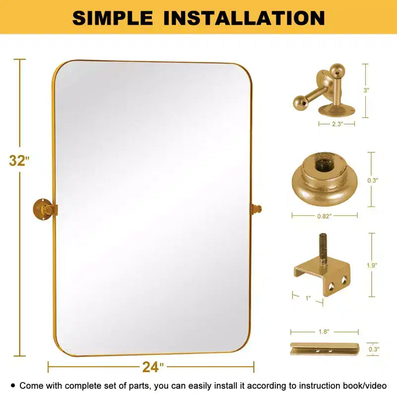 Miroir rectangulaire doré en fer 80cm de qualité supérieure avec coins arrondis, quincaillerie, profondeur de 4cm (double face)