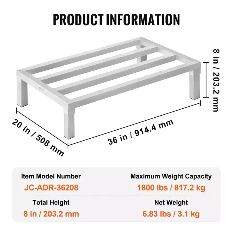 Étagère de plancher en aluminium, étagère alimentaire commerciale de 91,4 x 50,8 cm, à 20,3 cm du sol, capacité de 816 kg, étagère de rangement tout aluminium soudé