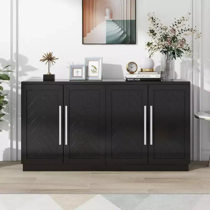 Commode de rangement élégante à 4 portes avec poignées argentées et étagères réglables, buffet en bois pour cuisine/salle à manger/couloir
