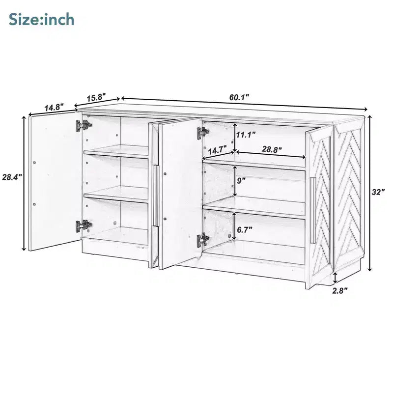 Commode de rangement élégante à 4 portes avec poignées argentées et étagères réglables, buffet en bois pour cuisine/salle à manger/couloir