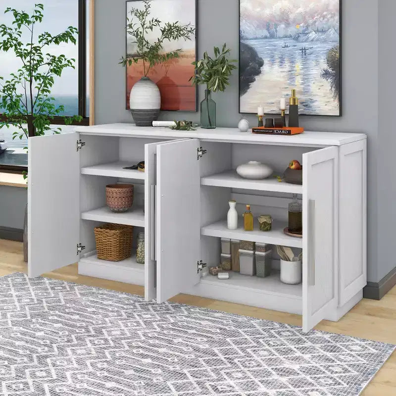 Commode de rangement élégante à 4 portes avec poignées argentées et étagères réglables, buffet en bois pour cuisine/salle à manger/couloir