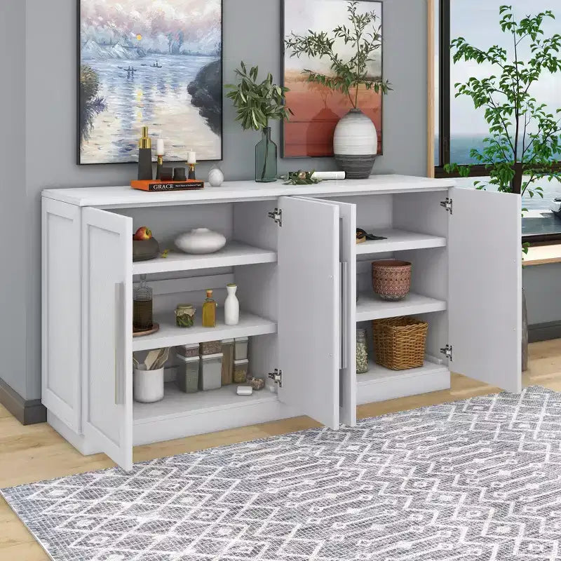 Commode de rangement élégante à 4 portes avec poignées argentées et étagères réglables, buffet en bois pour cuisine/salle à manger/couloir