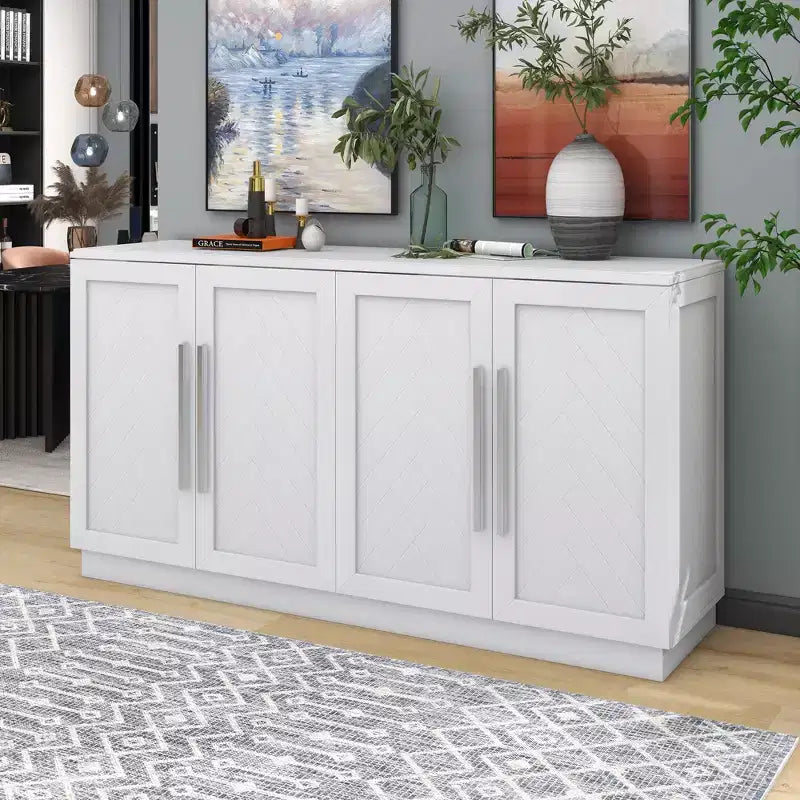 Commode de rangement élégante à 4 portes avec poignées argentées et étagères réglables, buffet en bois pour cuisine/salle à manger/couloir