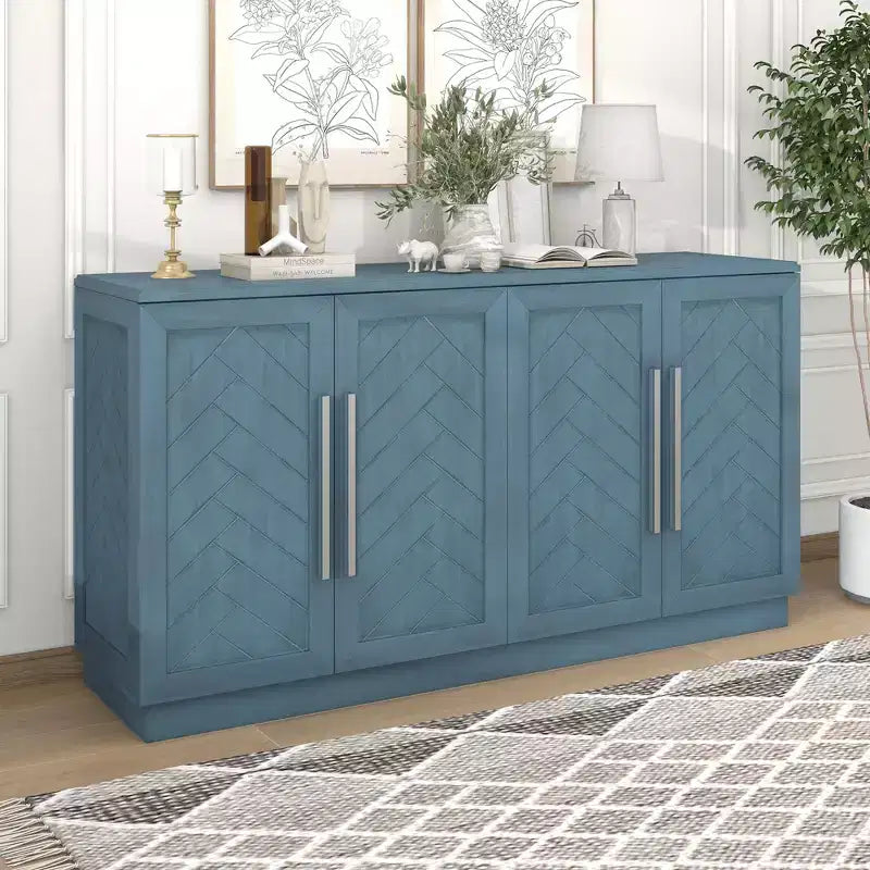 Commode de rangement élégante à 4 portes avec poignées argentées et étagères réglables, buffet en bois pour cuisine/salle à manger/couloir