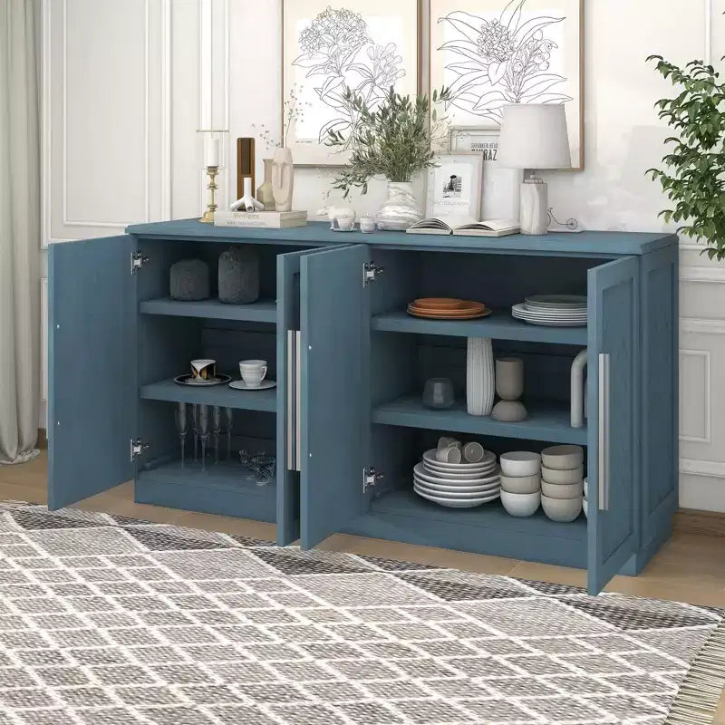Commode de rangement élégante à 4 portes avec poignées argentées et étagères réglables, buffet en bois pour cuisine/salle à manger/couloir