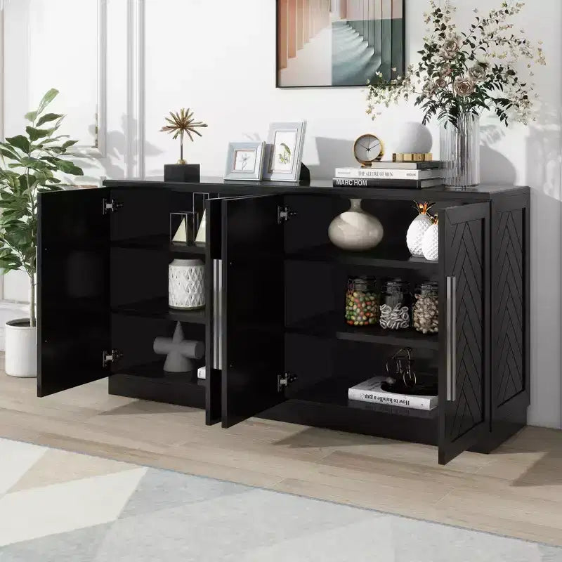 Commode de rangement élégante à 4 portes avec poignées argentées et étagères réglables, buffet en bois pour cuisine/salle à manger/couloir