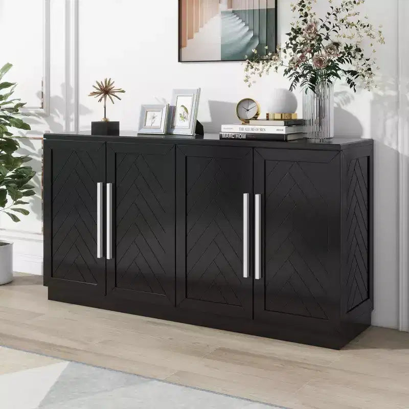 Commode de rangement élégante à 4 portes avec poignées argentées et étagères réglables, buffet en bois pour cuisine/salle à manger/couloir
