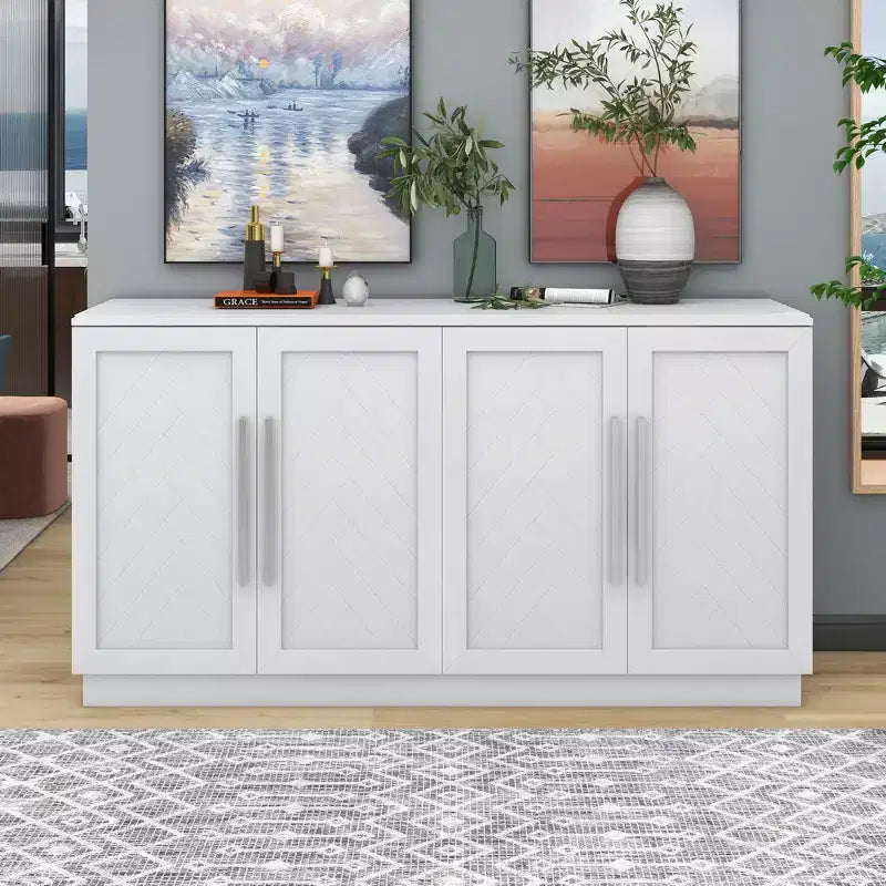 Commode de rangement élégante à 4 portes avec poignées argentées et étagères réglables, buffet en bois pour cuisine/salle à manger/couloir