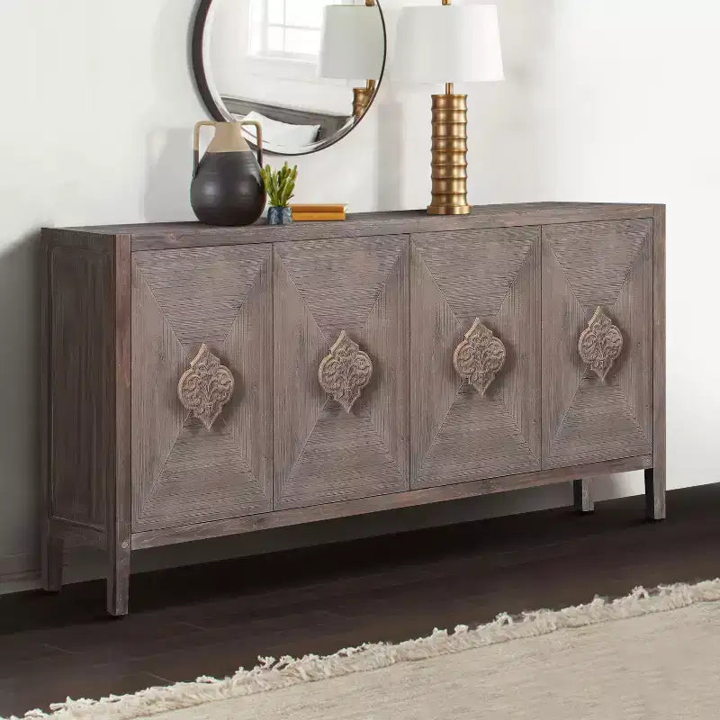 Buffet à 4 portes de style antique, Armoire de rangement en bois avec porte en verre trempé pour cuisine, salle à manger/salon, couloir