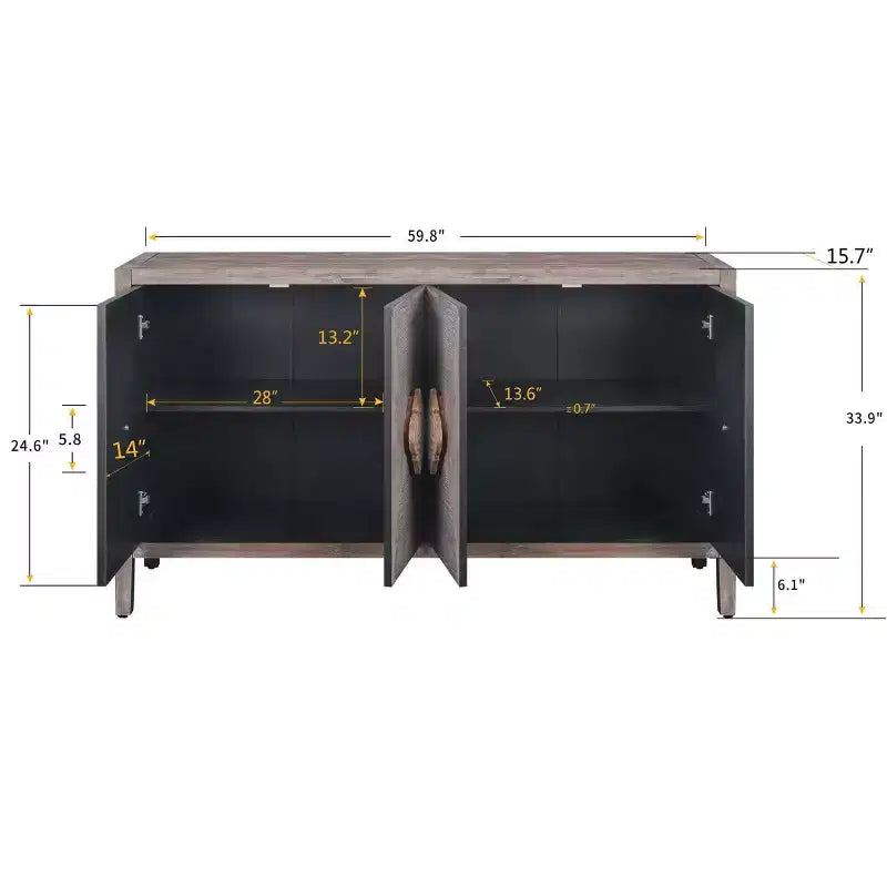 Buffet à 4 portes de style antique, Armoire de rangement en bois avec porte en verre trempé pour cuisine, salle à manger/salon, couloir