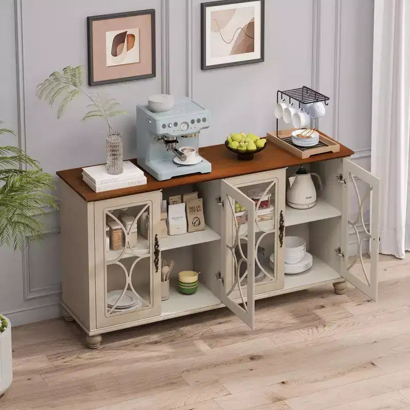 Buffet à 4 portes de style antique, Armoire de rangement en bois avec porte en verre trempé pour cuisine, salle à manger/salon, couloir