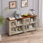 Buffet à 4 portes de style antique, Armoire de rangement en bois avec porte en verre trempé pour cuisine, salle à manger/salon, couloir