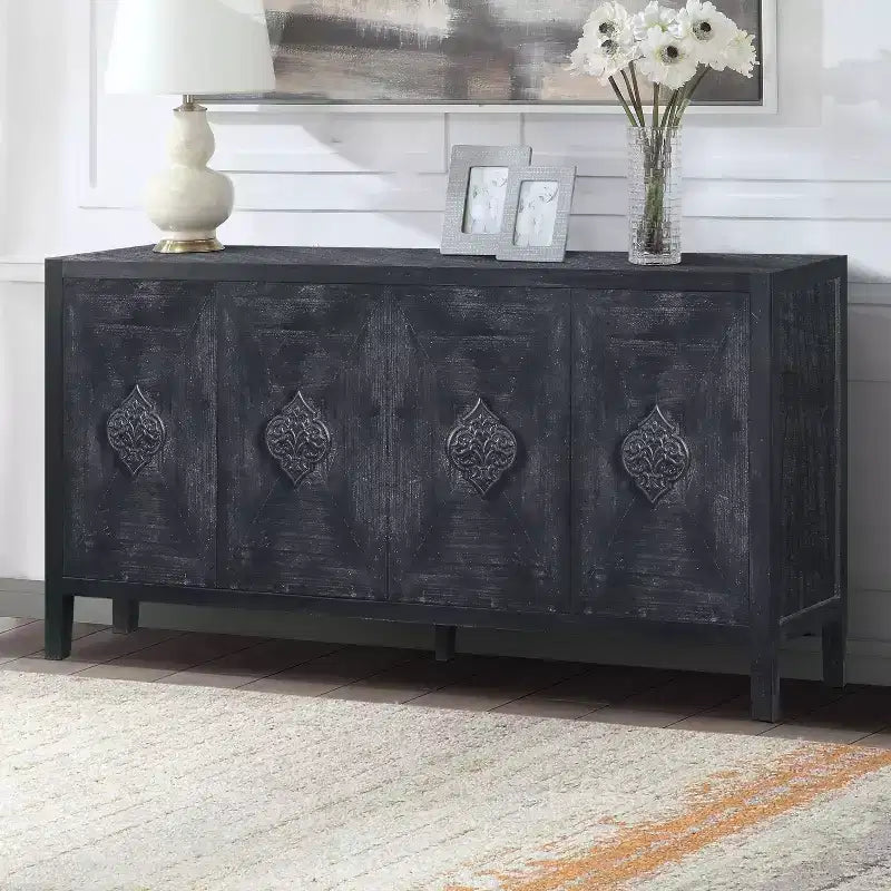 Buffet à 4 portes de style antique, Armoire de rangement en bois avec porte en verre trempé pour cuisine, salle à manger/salon, couloir