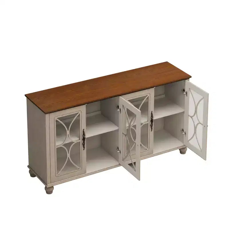 Buffet à 4 portes de style antique, Armoire de rangement en bois avec porte en verre trempé pour cuisine, salle à manger/salon, couloir