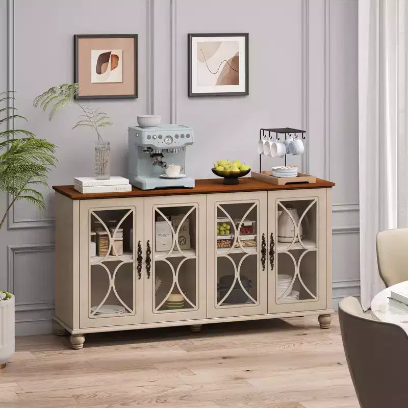Buffet à 4 portes de style antique, Armoire de rangement en bois avec porte en verre trempé pour cuisine, salle à manger/salon, couloir