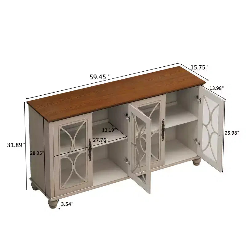 Buffet à 4 portes de style antique, Armoire de rangement en bois avec porte en verre trempé pour cuisine, salle à manger/salon, couloir