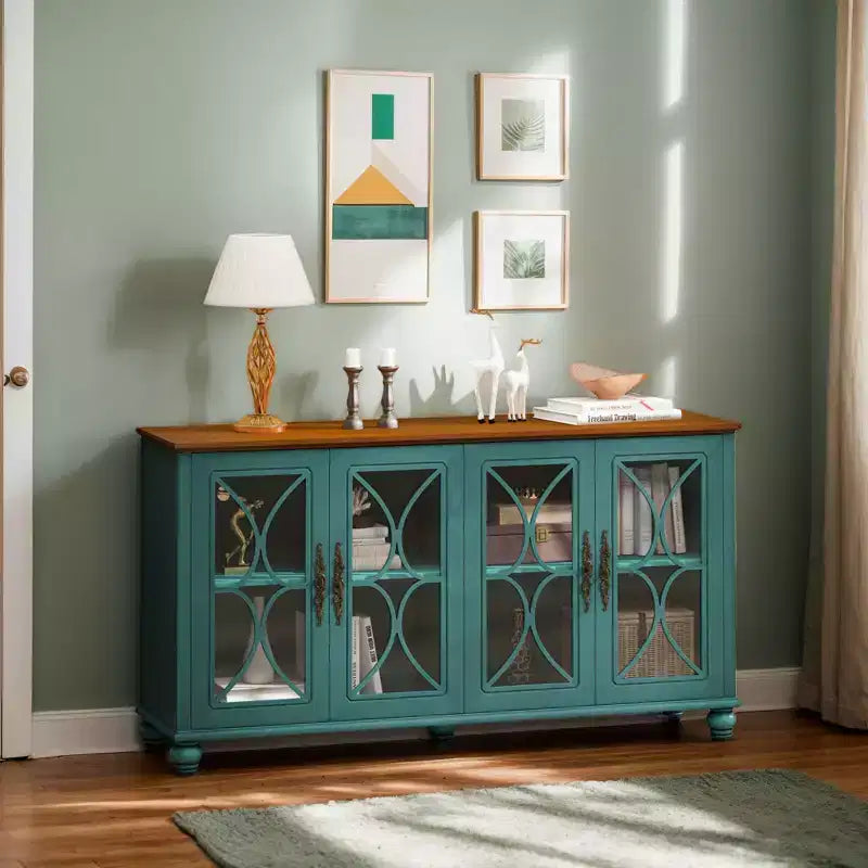 Buffet à 4 portes de style antique, Armoire de rangement en bois avec porte en verre trempé pour cuisine, salle à manger/salon, couloir