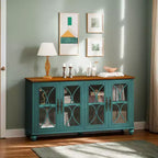 Buffet à 4 portes de style antique, Armoire de rangement en bois avec porte en verre trempé pour cuisine, salle à manger/salon, couloir