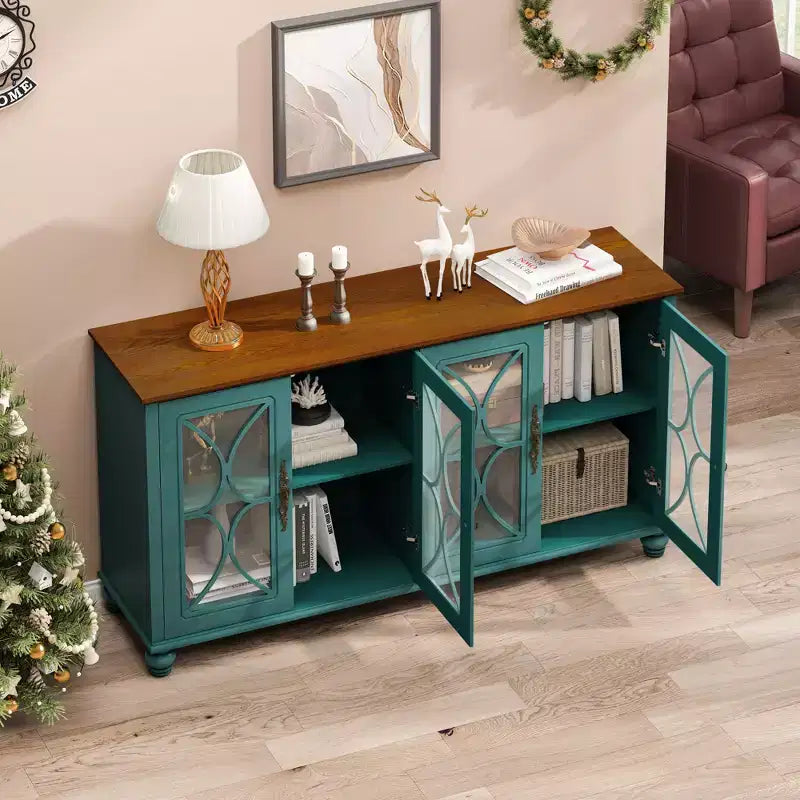 Buffet à 4 portes de style antique, Armoire de rangement en bois avec porte en verre trempé pour cuisine, salle à manger/salon, couloir