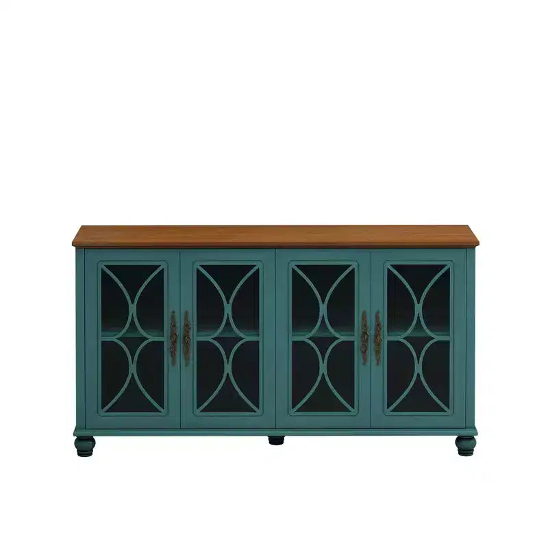 Buffet à 4 portes de style antique, Armoire de rangement en bois avec porte en verre trempé pour cuisine, salle à manger/salon, couloir