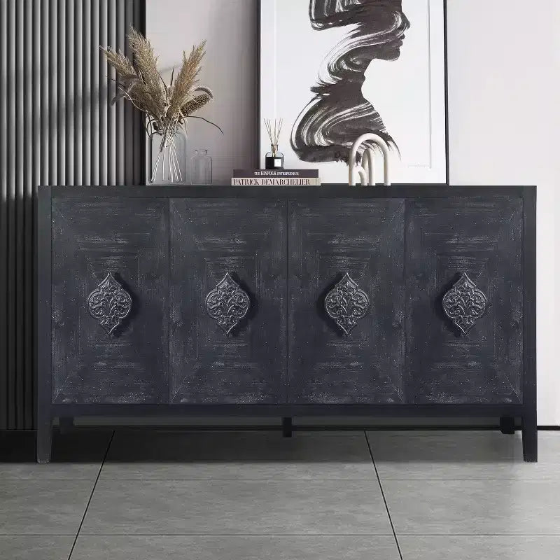 Buffet à 4 portes de style antique, Armoire de rangement en bois avec porte en verre trempé pour cuisine, salle à manger/salon, couloir