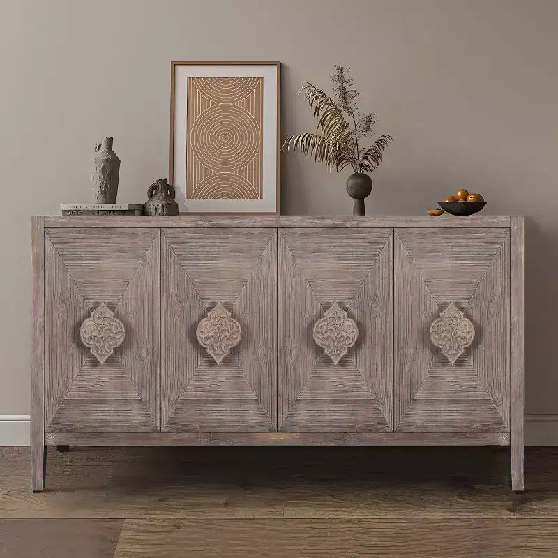 Buffet à 4 portes de style antique, Armoire de rangement en bois avec porte en verre trempé pour cuisine, salle à manger/salon, couloir