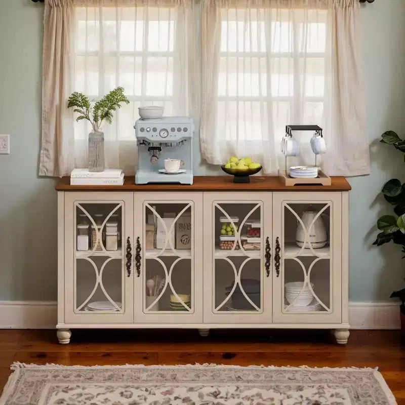 Buffet à 4 portes de style antique, Armoire de rangement en bois avec porte en verre trempé pour cuisine, salle à manger/salon, couloir