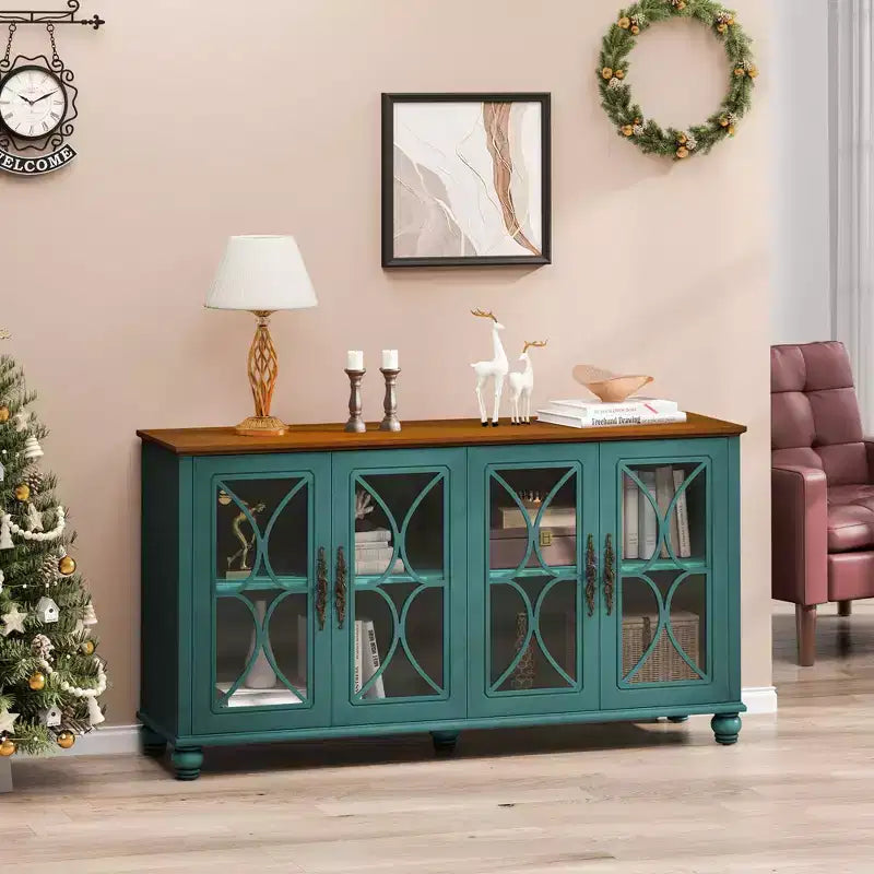 Okak Antique Style 4-Door Sideboard Buffet Cabinet, Wooden Storage Cabinet with Tempered Glass Door for Kitchen Dining/Living Room Hallway