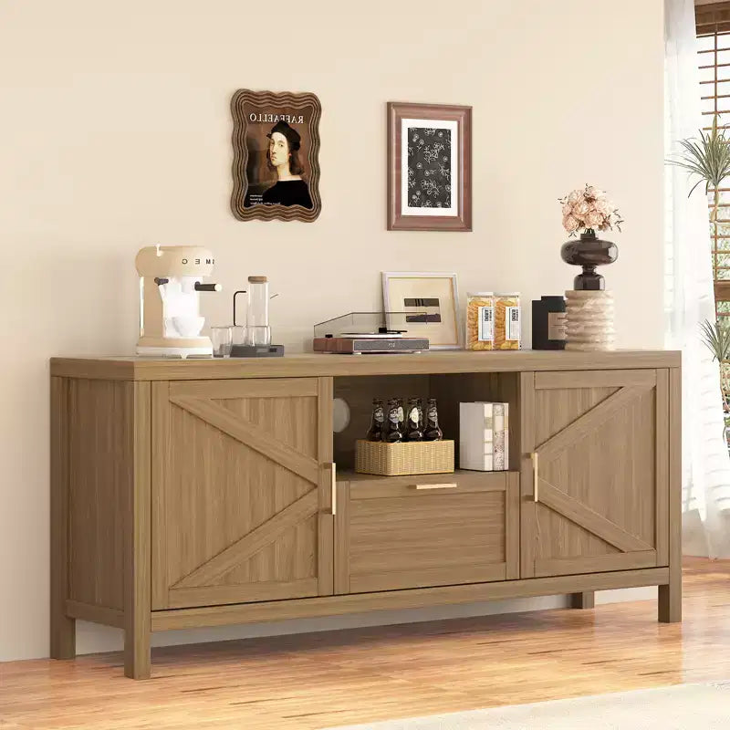 Farmhouse TV Stand for 65'' TV, 59 Inch Entertainment Center with Storage, Modern Large Wooden Media Console with 2 Door Cabinets, Adjustable Shelves