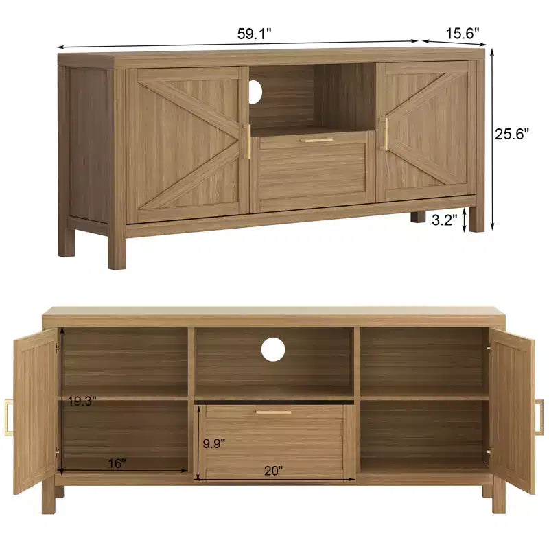 Meuble TV de ferme pour téléviseur 65", meuble TV de 150 cm avec rangement, grand meuble console multimédia moderne en bois avec 2 armoires à portes et étagères réglables