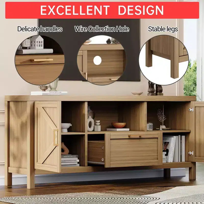 Meuble TV de ferme pour téléviseur 65", meuble TV de 150 cm avec rangement, grand meuble console multimédia moderne en bois avec 2 armoires à portes et étagères réglables