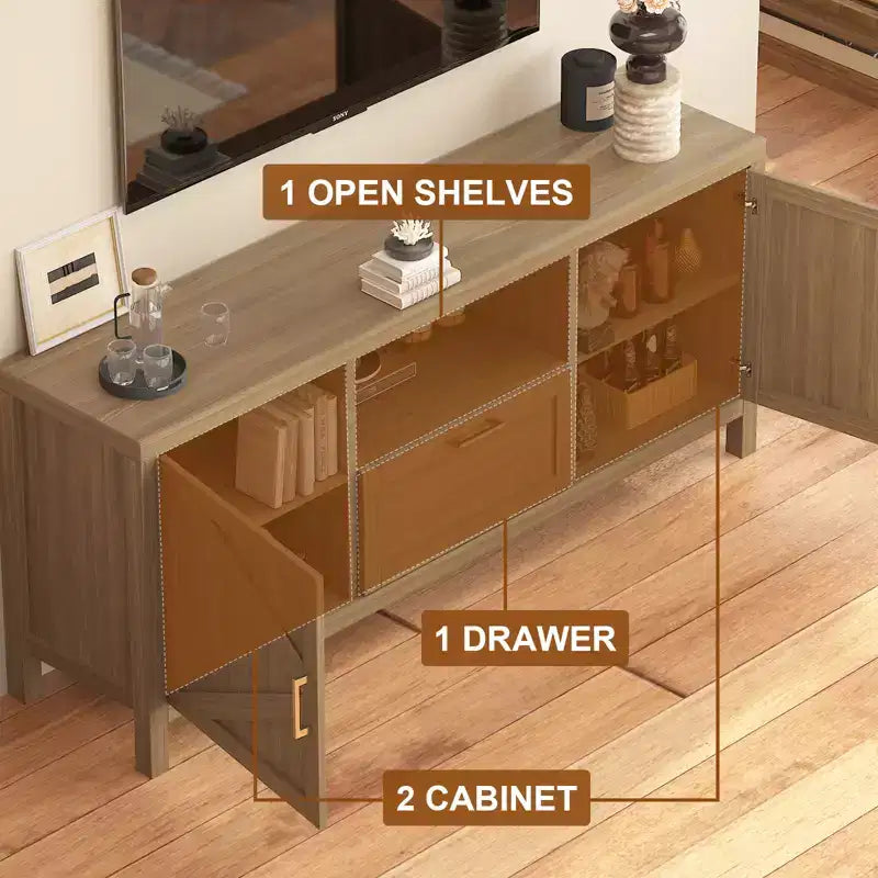Meuble TV de ferme pour téléviseur 65", meuble TV de 150 cm avec rangement, grand meuble console multimédia moderne en bois avec 2 armoires à portes et étagères réglables
