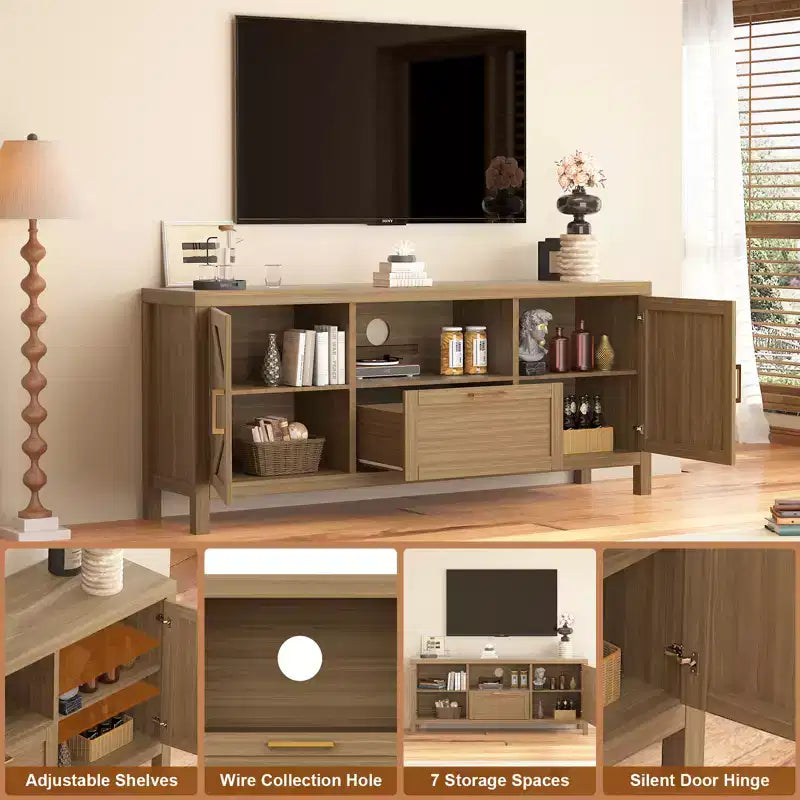 Meuble TV de ferme pour téléviseur 65", meuble TV de 150 cm avec rangement, grand meuble console multimédia moderne en bois avec 2 armoires à portes et étagères réglables