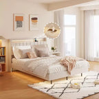 Floating Bed Frame with LED Light and Charging Station Upholstered Platform Bed Frame Full/Queen/King Size with Headboard,No Box Spring Needed,Beige