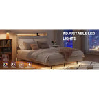Cadre de Lit Flottant avec Lumière LED et Station de Recharge, Cadre de Lit Plateforme Rembourré Tailles Full/Queen/King avec Tête de Lit, Aucun Sommier Tapissier Requis, Beige