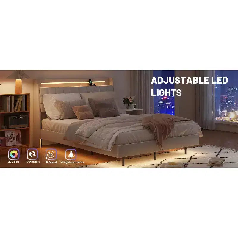 Cadre de Lit Flottant avec Lumière LED et Station de Recharge, Cadre de Lit Plateforme Rembourré Tailles Full/Queen/King avec Tête de Lit, Aucun Sommier Tapissier Requis, Beige