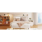 Cadre de Lit Flottant avec Lumière LED et Station de Recharge, Cadre de Lit Plateforme Rembourré Tailles Full/Queen/King avec Tête de Lit, Aucun Sommier Tapissier Requis, Beige