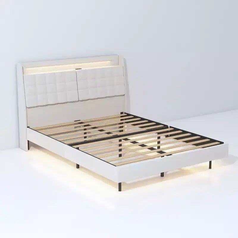 Cadre de Lit Flottant avec Lumière LED et Station de Recharge, Cadre de Lit Plateforme Rembourré Tailles Full/Queen/King avec Tête de Lit, Aucun Sommier Tapissier Requis, Beige