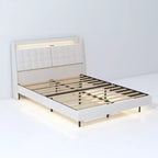 Cadre de Lit Flottant avec Lumière LED et Station de Recharge, Cadre de Lit Plateforme Rembourré Tailles Full/Queen/King avec Tête de Lit, Aucun Sommier Tapissier Requis, Beige