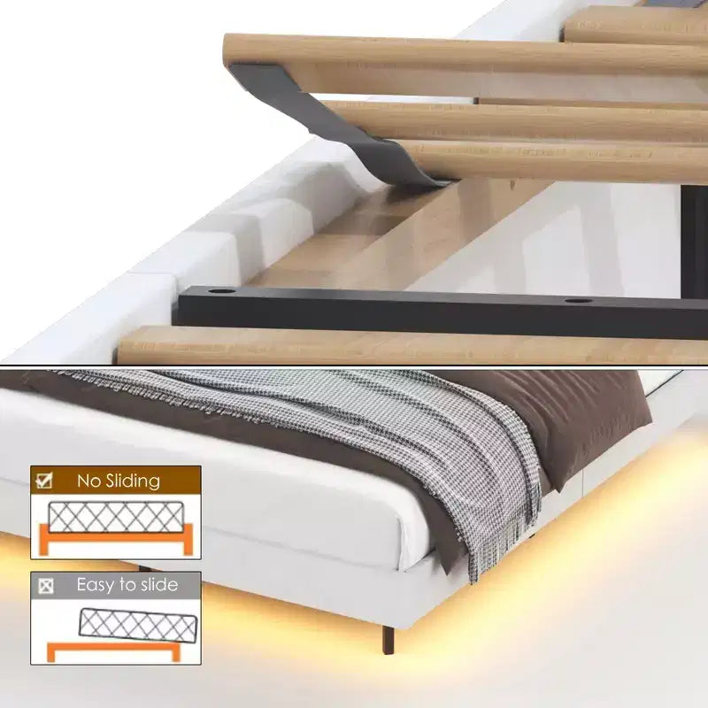Cadre de Lit Flottant avec Lumière LED et Station de Recharge, Cadre de Lit Plateforme Rembourré Tailles Full/Queen/King avec Tête de Lit, Aucun Sommier Tapissier Requis, Beige