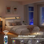 Cadre de Lit Flottant avec Lumière LED et Station de Recharge, Cadre de Lit Plateforme Rembourré Tailles Full/Queen/King avec Tête de Lit, Aucun Sommier Tapissier Requis, Beige