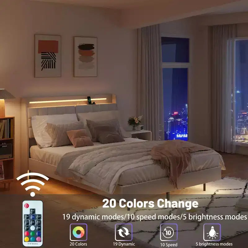 Cadre de Lit Flottant avec Lumière LED et Station de Recharge, Cadre de Lit Plateforme Rembourré Tailles Full/Queen/King avec Tête de Lit, Aucun Sommier Tapissier Requis, Beige