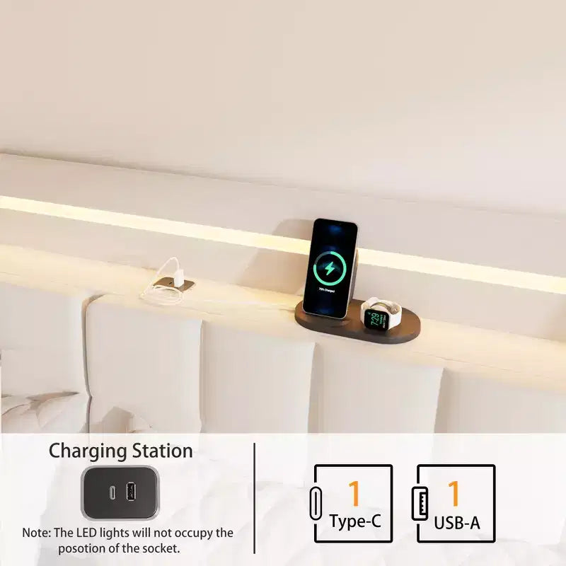 Cadre de Lit Flottant avec Lumière LED et Station de Recharge, Cadre de Lit Plateforme Rembourré Tailles Full/Queen/King avec Tête de Lit, Aucun Sommier Tapissier Requis, Beige