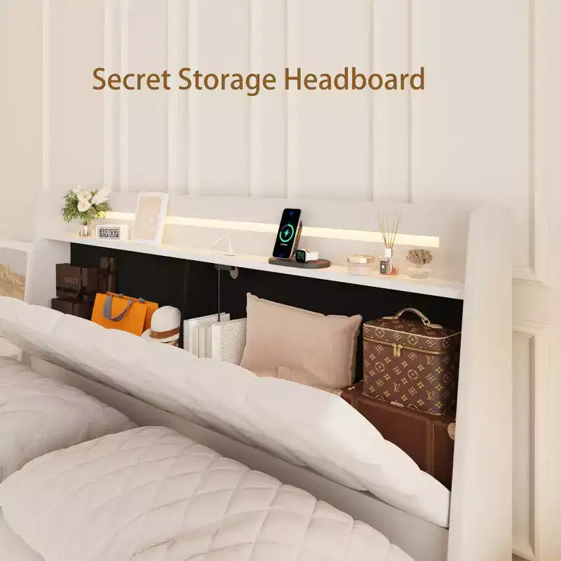 Cadre de Lit Flottant avec Lumière LED et Station de Recharge, Cadre de Lit Plateforme Rembourré Tailles Full/Queen/King avec Tête de Lit, Aucun Sommier Tapissier Requis, Beige