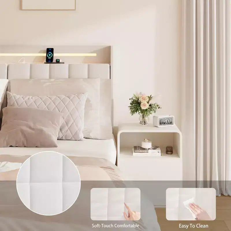 Cadre de Lit Flottant avec Lumière LED et Station de Recharge, Cadre de Lit Plateforme Rembourré Tailles Full/Queen/King avec Tête de Lit, Aucun Sommier Tapissier Requis, Beige