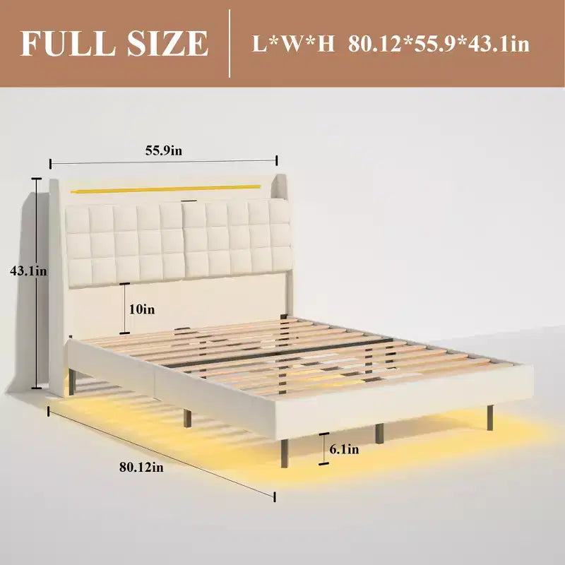 Cadre de Lit Flottant avec Lumière LED et Station de Recharge, Cadre de Lit Plateforme Rembourré Tailles Full/Queen/King avec Tête de Lit, Aucun Sommier Tapissier Requis, Beige