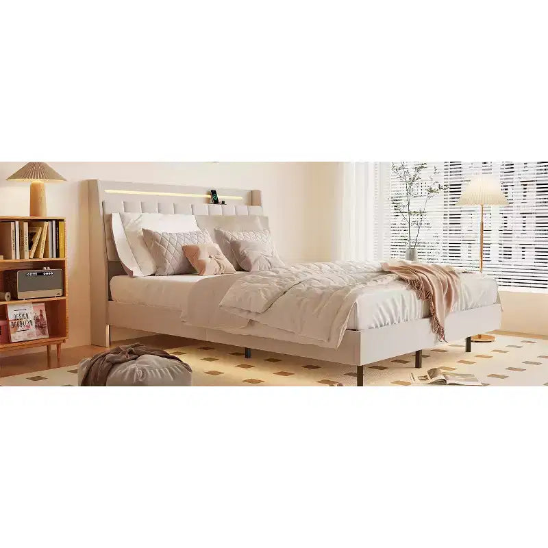 Cadre de Lit Flottant avec Lumière LED et Station de Recharge, Cadre de Lit Plateforme Rembourré Tailles Full/Queen/King avec Tête de Lit, Aucun Sommier Tapissier Requis, Beige