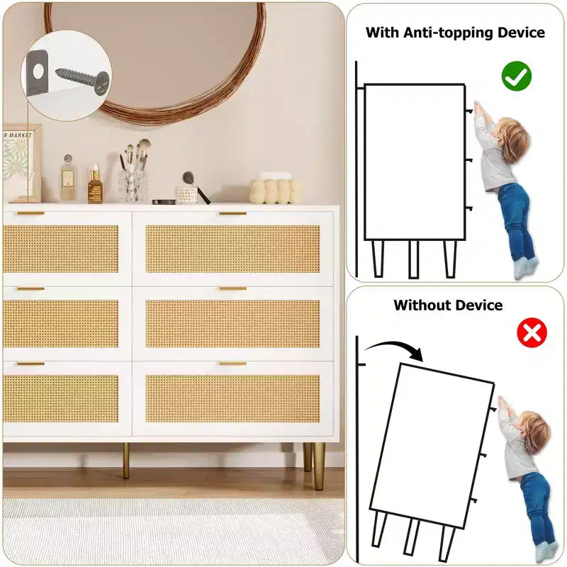 Commode 6 tiroirs en rotin pour chambre à coucher, chiffonnier avec pieds et poignées dorés, double commode large avec plateau et dispositif anti-basculement